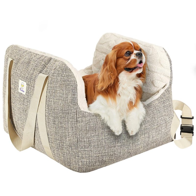 Pawaboo Small Dog Car Seat, Dog Booster Car Seat for Small Dogs, Puppy Seats for Cars with Fixed Buckle and Safety Leash, Thickened Dogs Bed Cars Seats, Pet Travel Carrier Bed Up to 25lbs, Brown+Beige