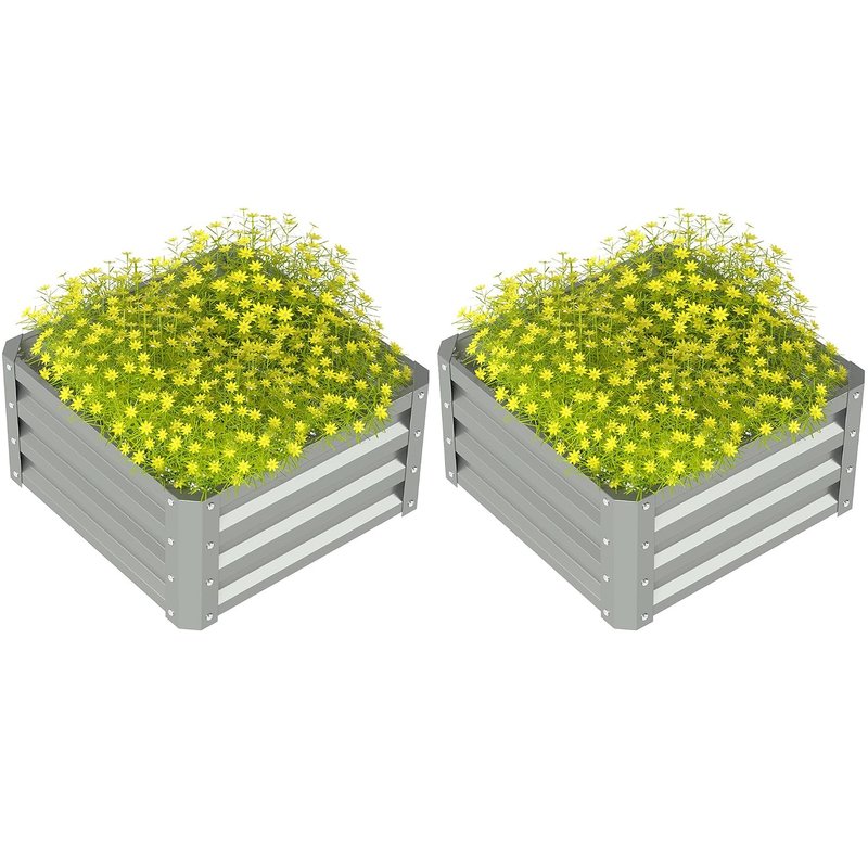 Outsunny Set of 2 Raised Garden Bed, Outdoor Planter Box with Galvanised Steel Frame for Growing Vegetables, Flowers and Herbs, 60 x 60 x 30.5 cm, Light Grey