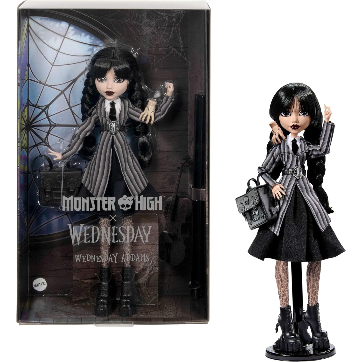 Monster High Wednesday Doll and Accessories, Wednesday Addams Collectible in Nevermore Academy Uniform with Thing and Backpack, Doll Stand, HXJ04