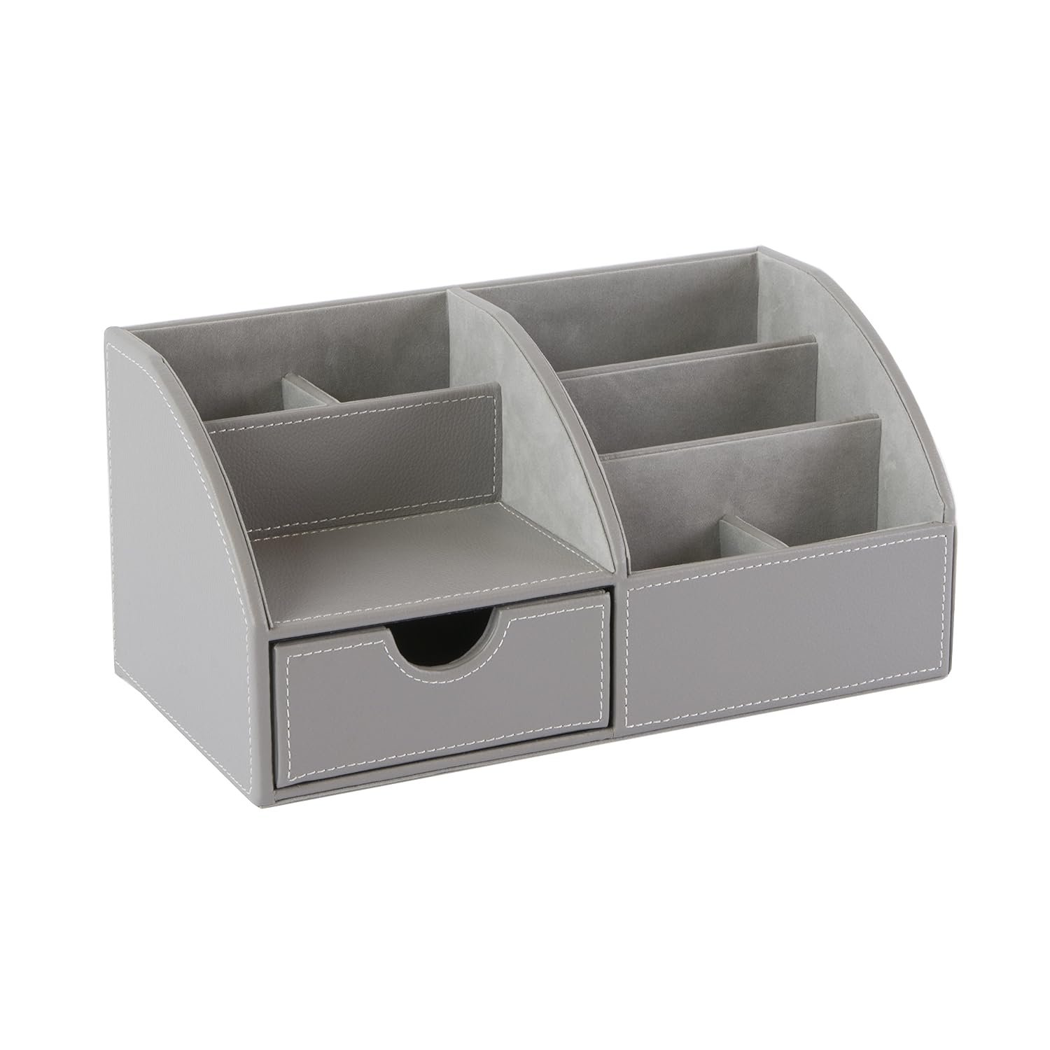 OSCO Faux Leather Desk Organiser with Drawer, 8-Compartment Stationery Caddy, Pen & Pencil Holder, Desktop Makeup or Office Storage Box, Grey
