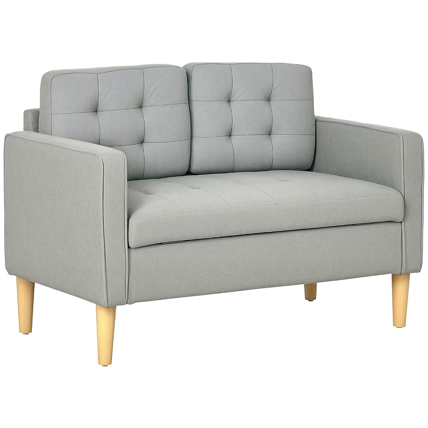 HOMCOM Modern 2 Seater Sofa with Hidden Storage, 117cm Tufted Cotton Couch with Wood Legs, Compact Sofa for Living Room, Light Grey