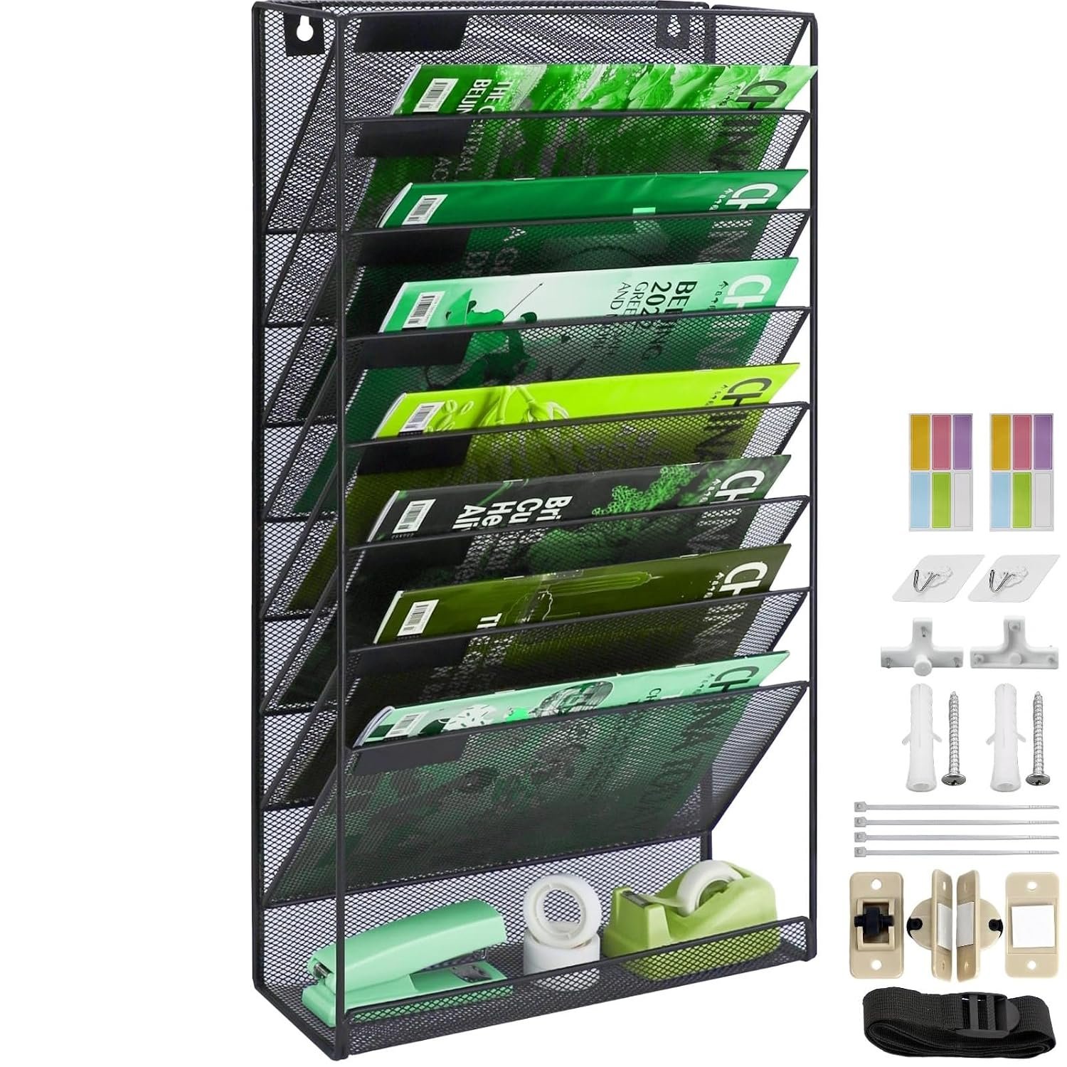 IOUGDSEC 9 Tier A4 Mesh in Tray Hanging Wall File Holder Magazine Document Holder Mail Organiser Magazine Storage Rack,Durable Metal Mesh Filing Storage Letter Trays Desktop File Organizer