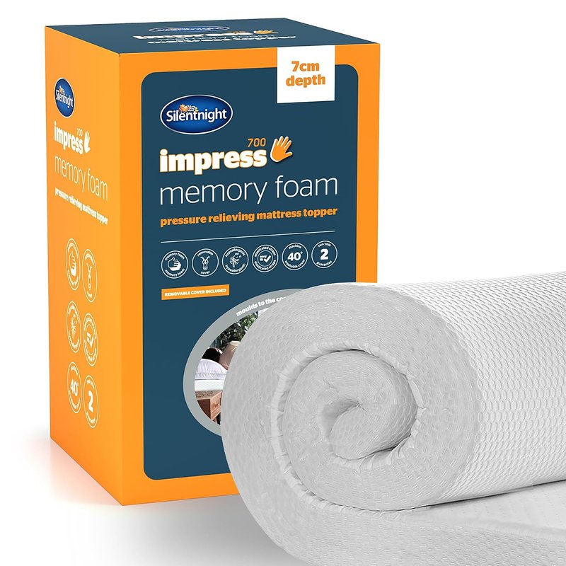 Silentnight Impress Memory Foam Mattress Topper - 7cm Deep Luxury Orthopaedic Pressure Relief Hypoallergenic Bed Topper for Back & Neck Pain - Elasticated Straps & Machine Washable Cover, King