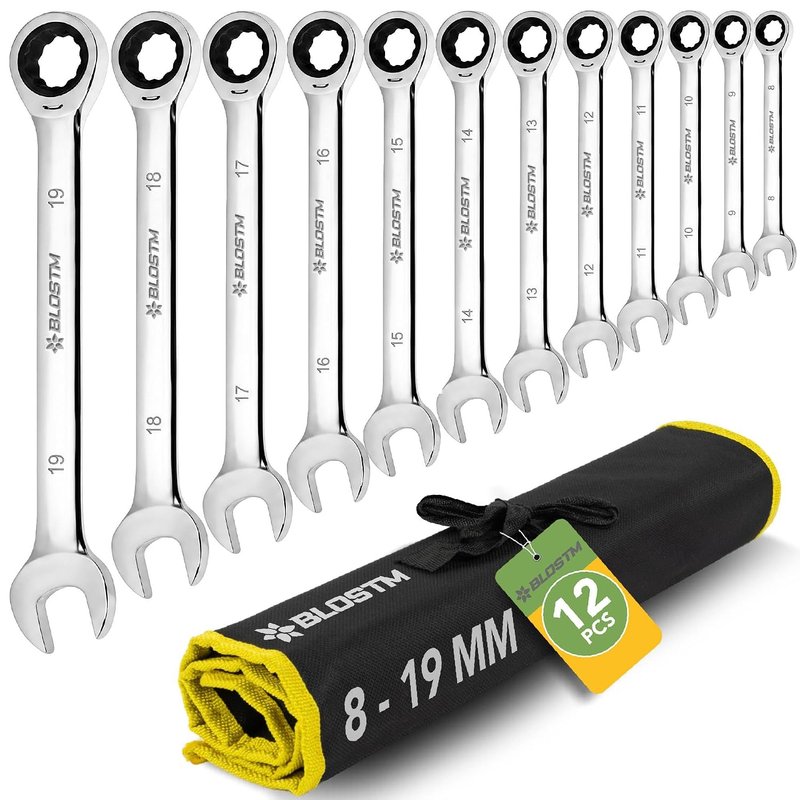 BLOSTM Ratchet Spanner Set - 12 Piece Metric Spanner Set 8mm to 19mm, 72 Tooth Gear System, Chrome Vanadium Steel, Combination Wrenches for DIY, Car & Bike Repairs - with Roll-Up Storage Pouch 12 PCS