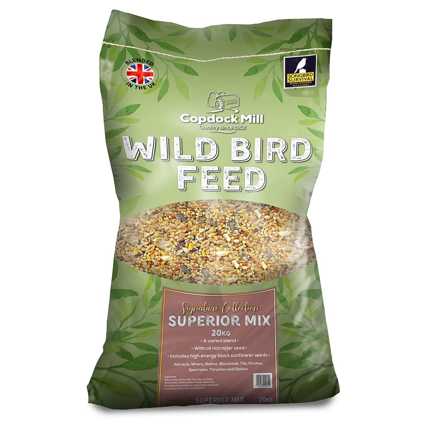 Copdock Mill Wild Bird Seed Superior Mix 20kg - All Year-Round Bird Seeds for Small Garden Birds - 100% Natural Nutritional Feed with Black Sunflower and Nyjer Seeds