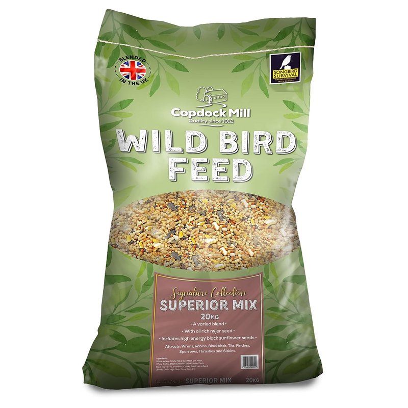 Copdock Mill Wild Bird Seed Superior Mix 20kg - All Year-Round Bird Seeds for Small Garden Birds - 100% Natural Nutritional Feed with Black Sunflower and Nyjer Seeds