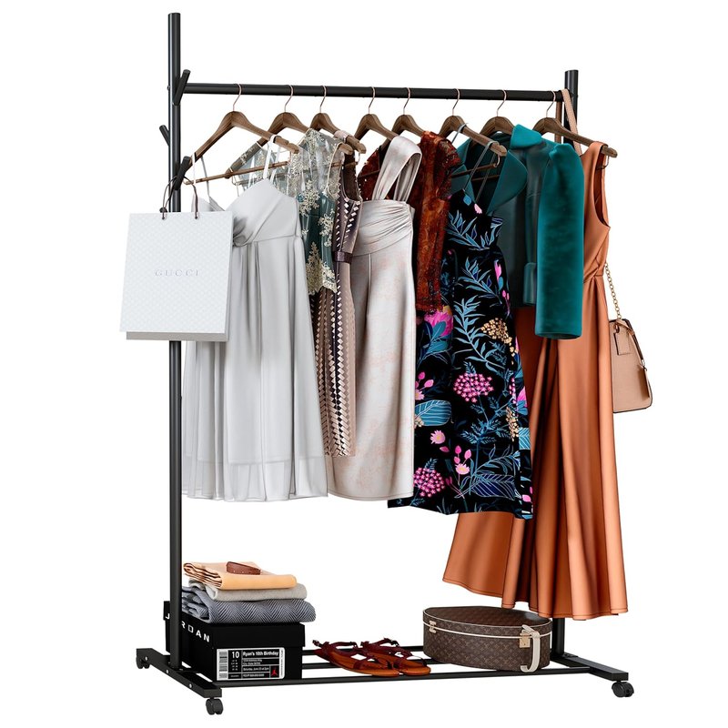 Klass Home Collection Portable Heavy Duty Clothes Rail For Bedroom, Home & Shops, 50KG Load Clothes Rack With Storage Shelf, Metal Clothing Rail For Hanging Garments, Coats (Black With Wheels)