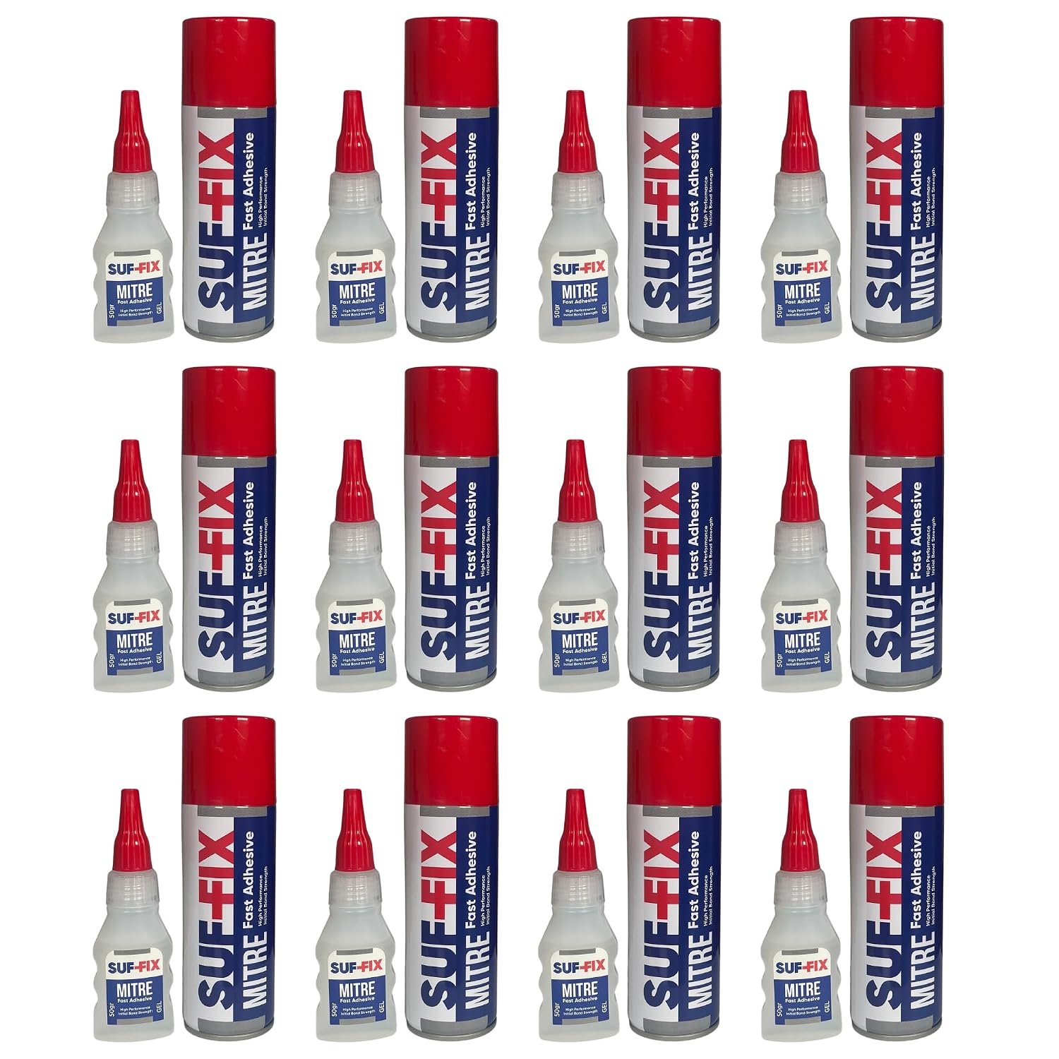 SUF-FIX 12x Mitre Adhesive Super Glue Spray and Gel Two-Unit Kit | 50g Adhesive 200ml Activator Spray Instant Gluing Fast Adhesive Kit for Wood Glass Plastic Leather Metals (Clear, Pack of 12)