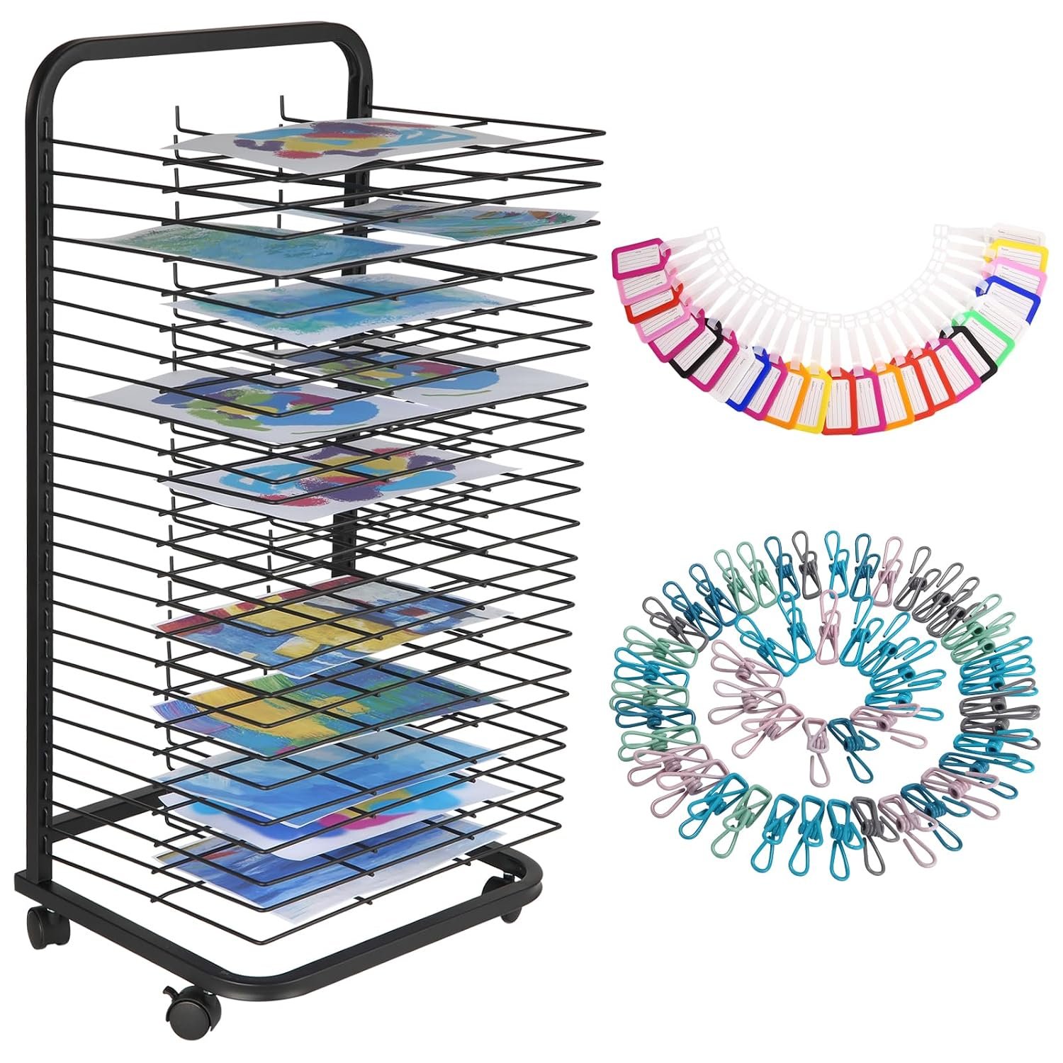 CuteHairy Art Drying Rack with 25 Removable Shelves & Lockable Wheels, Mobile Metal Painting Storage Stand for Studio, Classroom, Craft Room