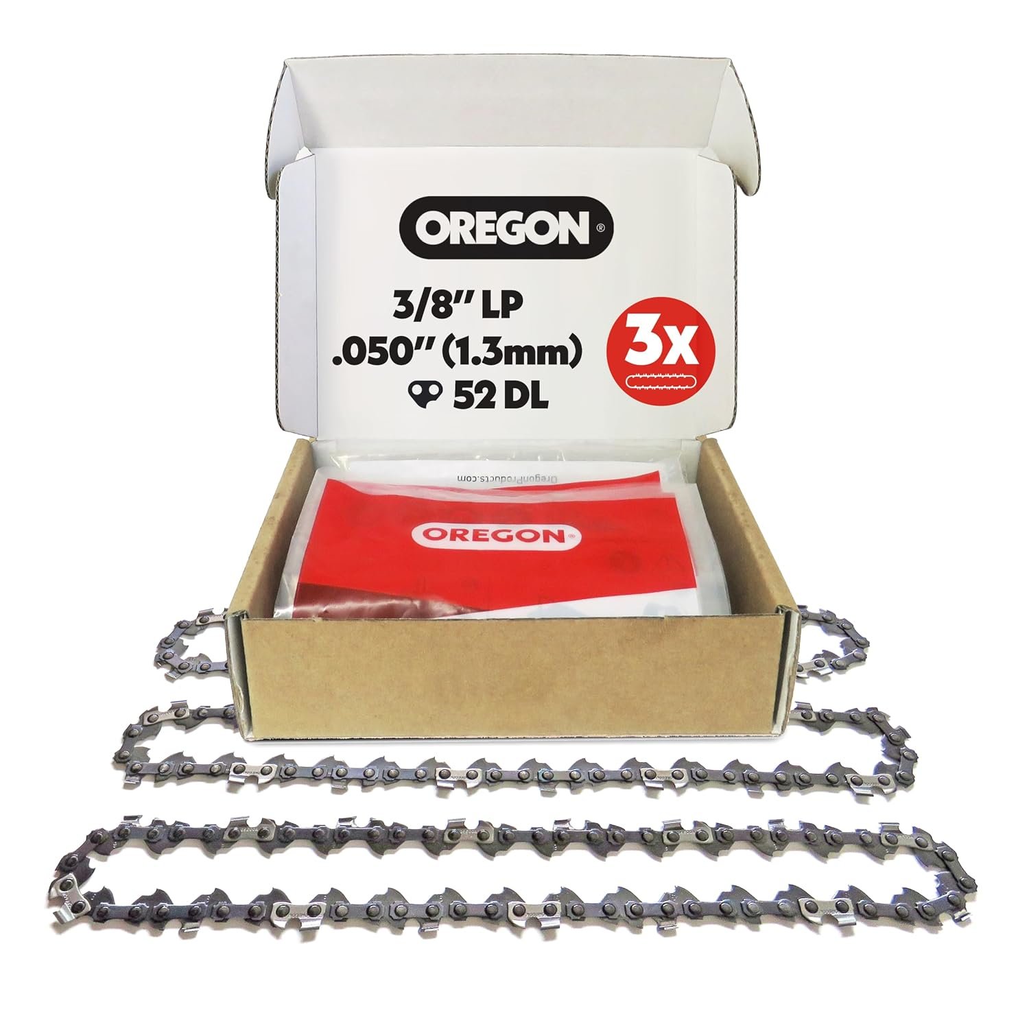Oregon 3-Pack Chainsaw Chain 3/8" LP Pitch, .050" (1.3 mm) Gauge for 14" (35cm) Bar, 52 Drive Links – Low-Kickback Chainsaw Chain, Fits Husqvarna, Ryobi, Bosch, Einhell, Dolmar, Ferrex and More