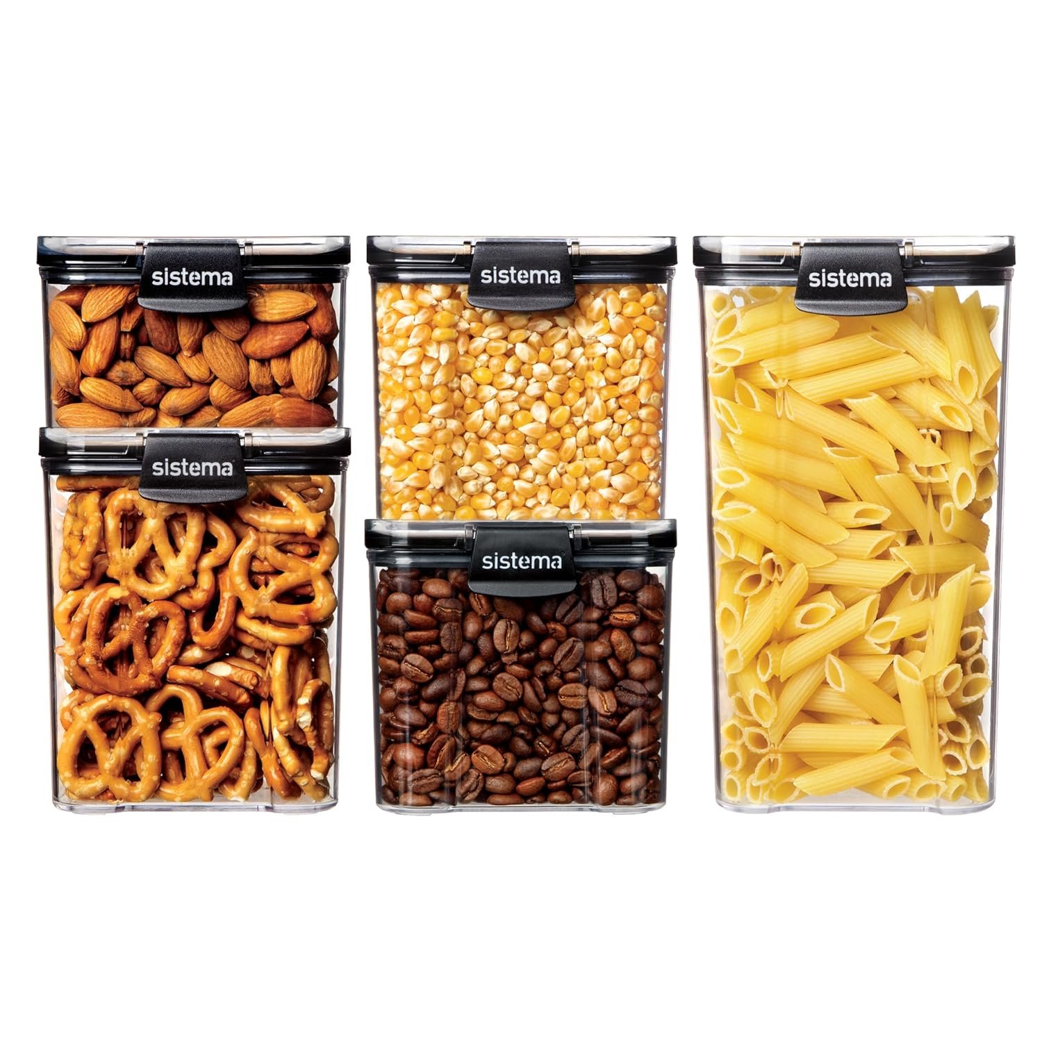 Sistema Ultra Square Airtight Pantry Storage Containers | Assorted Capacity Food Storage Solution | Stackable | Locking Clips | BPA-Free | Clear with Black Accents | 5 Count