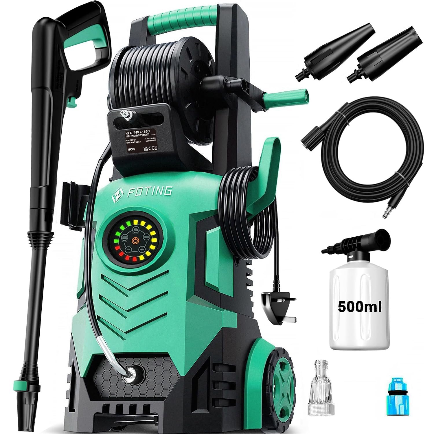 High Pressure Washers w/8 Level Touch Screen 200bar, 500l/h Flow Rate, 90CM Tall, Coverage: max. 60㎡/h, 500ml Foam Cannon and 6-in-1 Spray Nozzles, Jet Washer Power Washers for Patio/Car/Home Cleaning