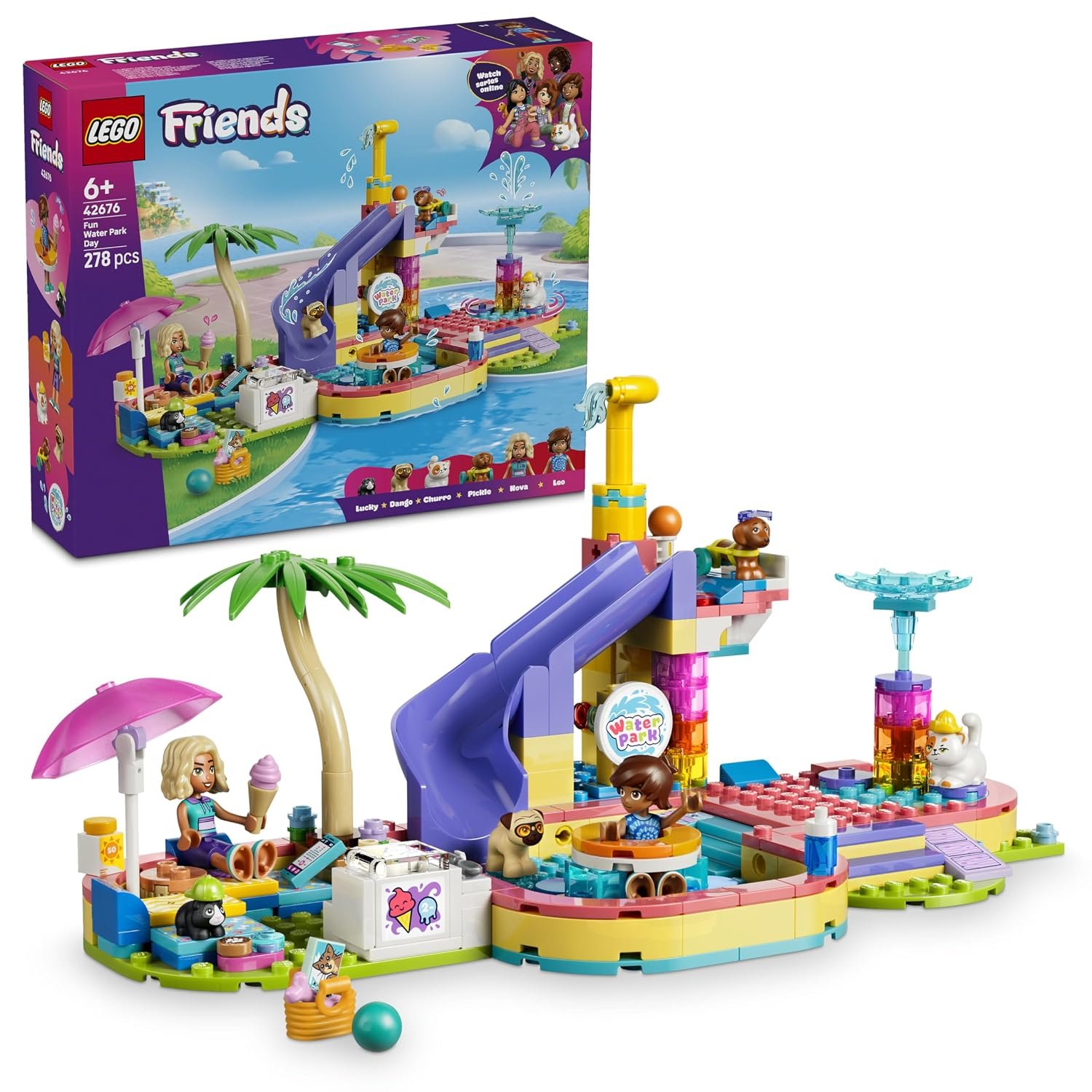 LEGO Friends Fun Water Park Day - Miniature Toy Set w/Slide, 2 Mini Dolls, 4 Animal Figures & Pet Accessories - Birthday Gift Idea for 6+ Year Old Girls - 42676