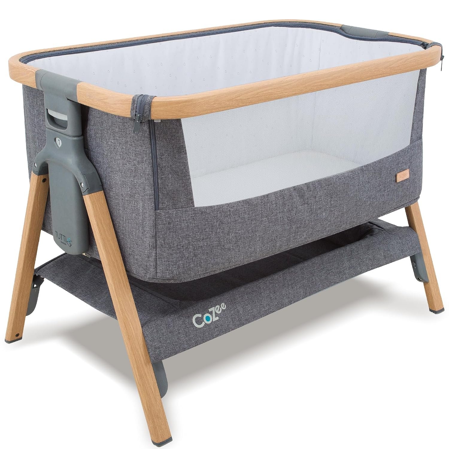 Tutti Bambini CoZee® - Next To Me Crib & Standalone Baby Cot - Standard Ventilation - 60-Second Assembly, Adjustable Height, Foldable, Mattress Included (0-6 Months) - Oak & Charcoal