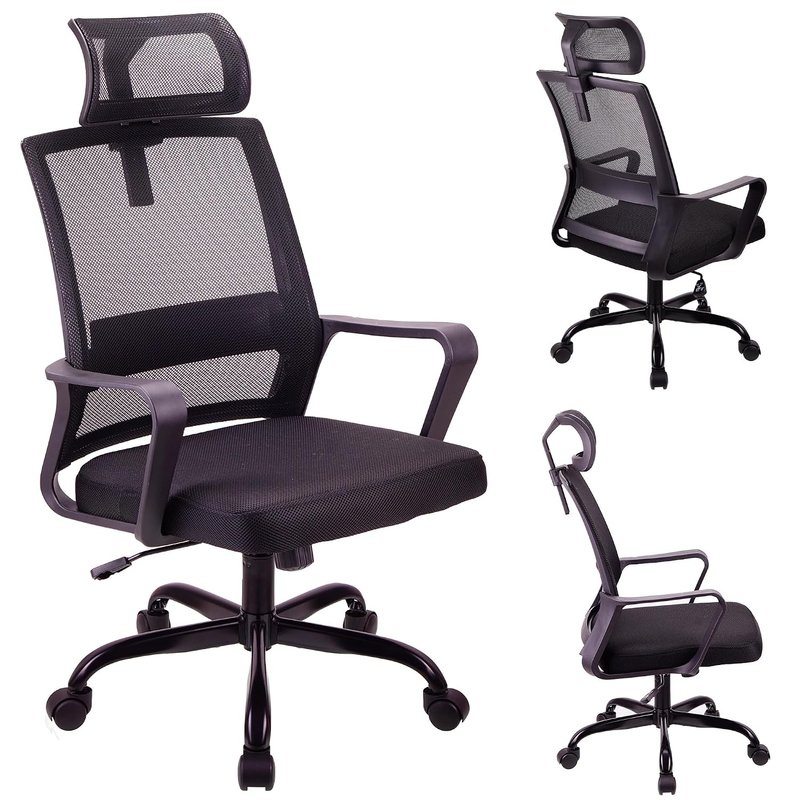 T-THREE. Adjustable headrest office chair, ergonomic mesh swivel seat, desk chair with lumbar support, height adjustment, 360° rotation, and tilt function, mesh backrest for Home Office(Black)