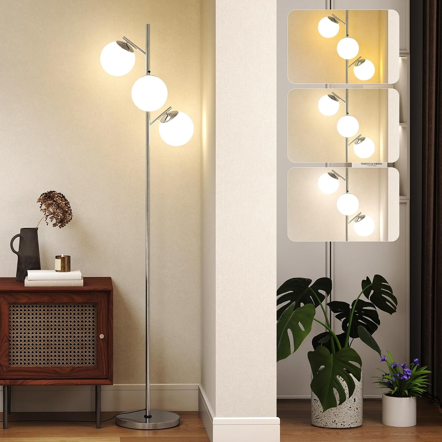 HOMCOM 3-Light Tree Floor Lamps for Living Room, Modern Standing Lamp for Bedroom with Globe Lampshade, 3000K/4000K/6000K Colour Temperatures, Steel Base, Silver Tone