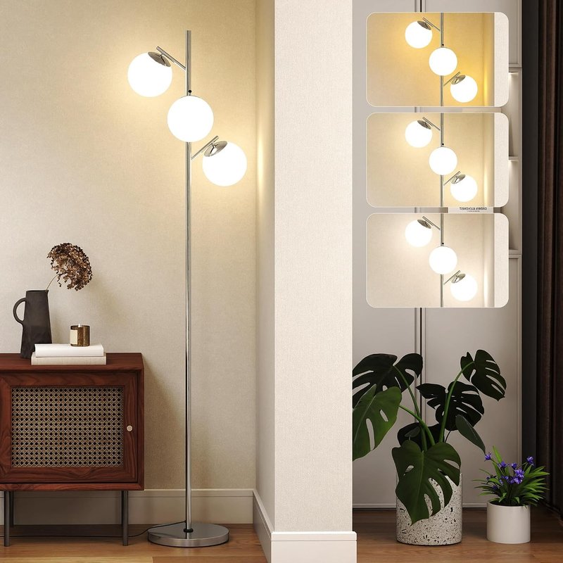 HOMCOM 3-Light Tree Floor Lamps for Living Room, Modern Standing Lamp for Bedroom with Globe Lampshade, 3000K/4000K/6000K Colour Temperatures, Steel Base, Silver Tone