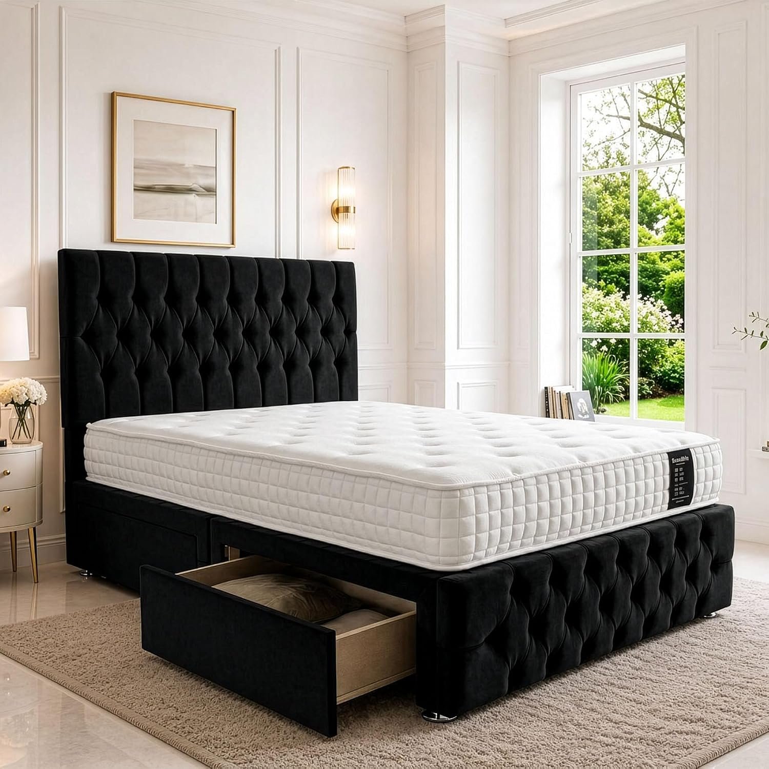 SANA SLEEP Sleek Double Bed 4FT6 with Headboard & Footboard - Black Plush Finish - Includes Pocket Sprung Multi-Zone Mattress & 2 Drawers - Sturdy Divan Design for Compact Bedrooms
