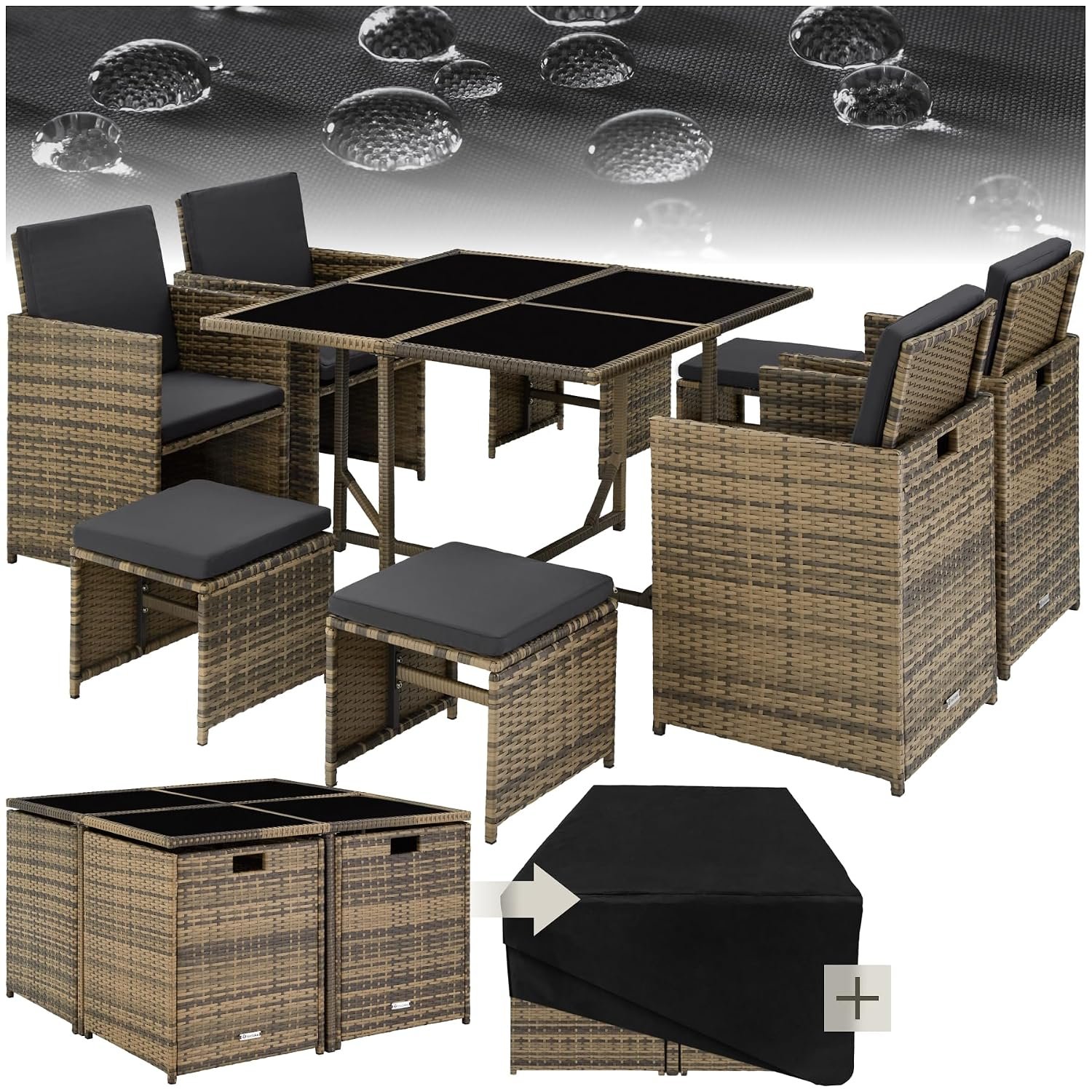 tectake® Polyrattan Garden Furniture Set with Aluminium Base, Including 4 Dining Chairs, 1 Table, 4 Stools, Foldable Garden Lounge Set, For Up To 8 People, Patio Furniture - natural