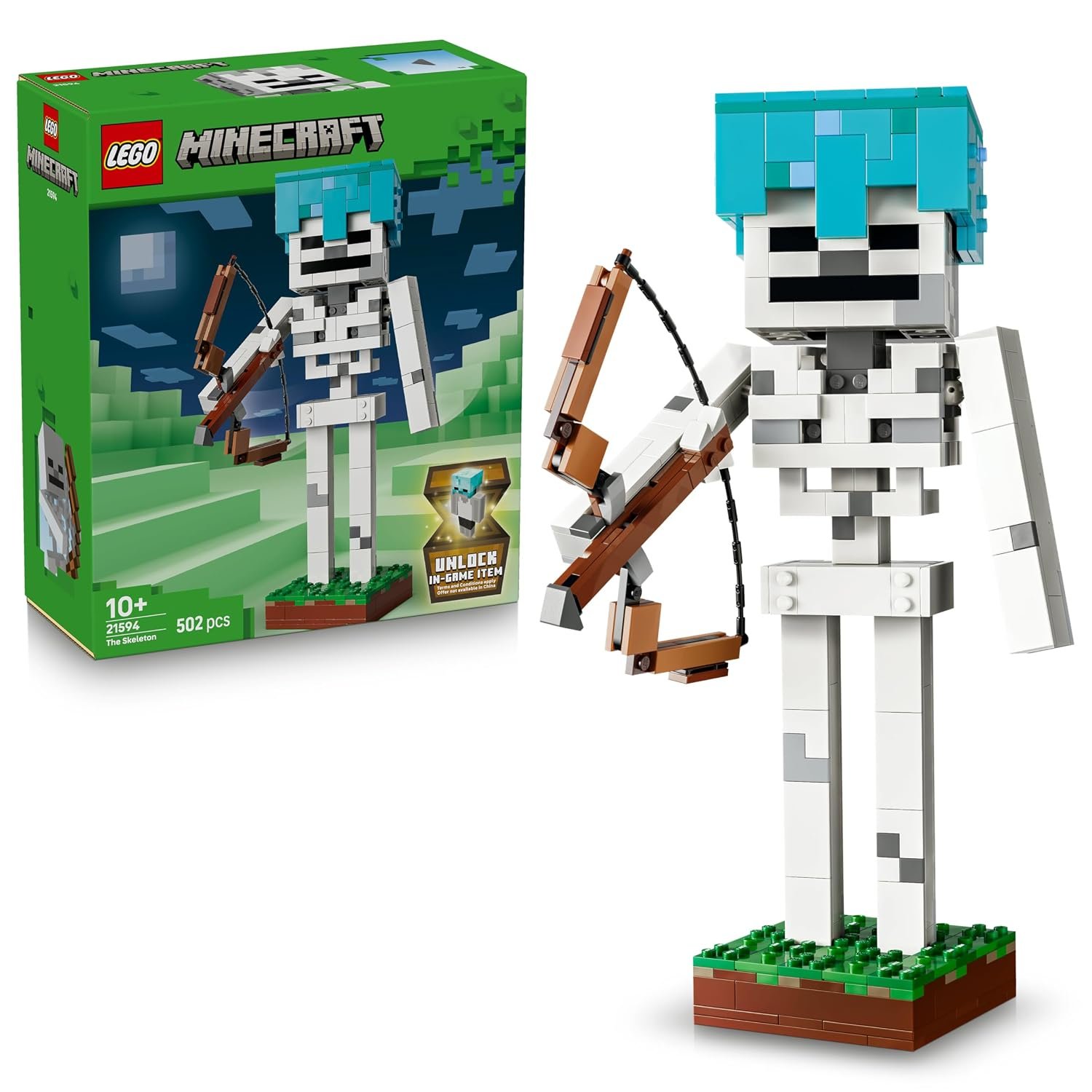 LEGO Minecraft The Skeleton Toy - Figure w/Diamond Helmet, Bow & Arrow and Grass Base for Kids' Room Decor - Gaming Gift for 10+ Year Old Boys, Girls & Fans - 21594