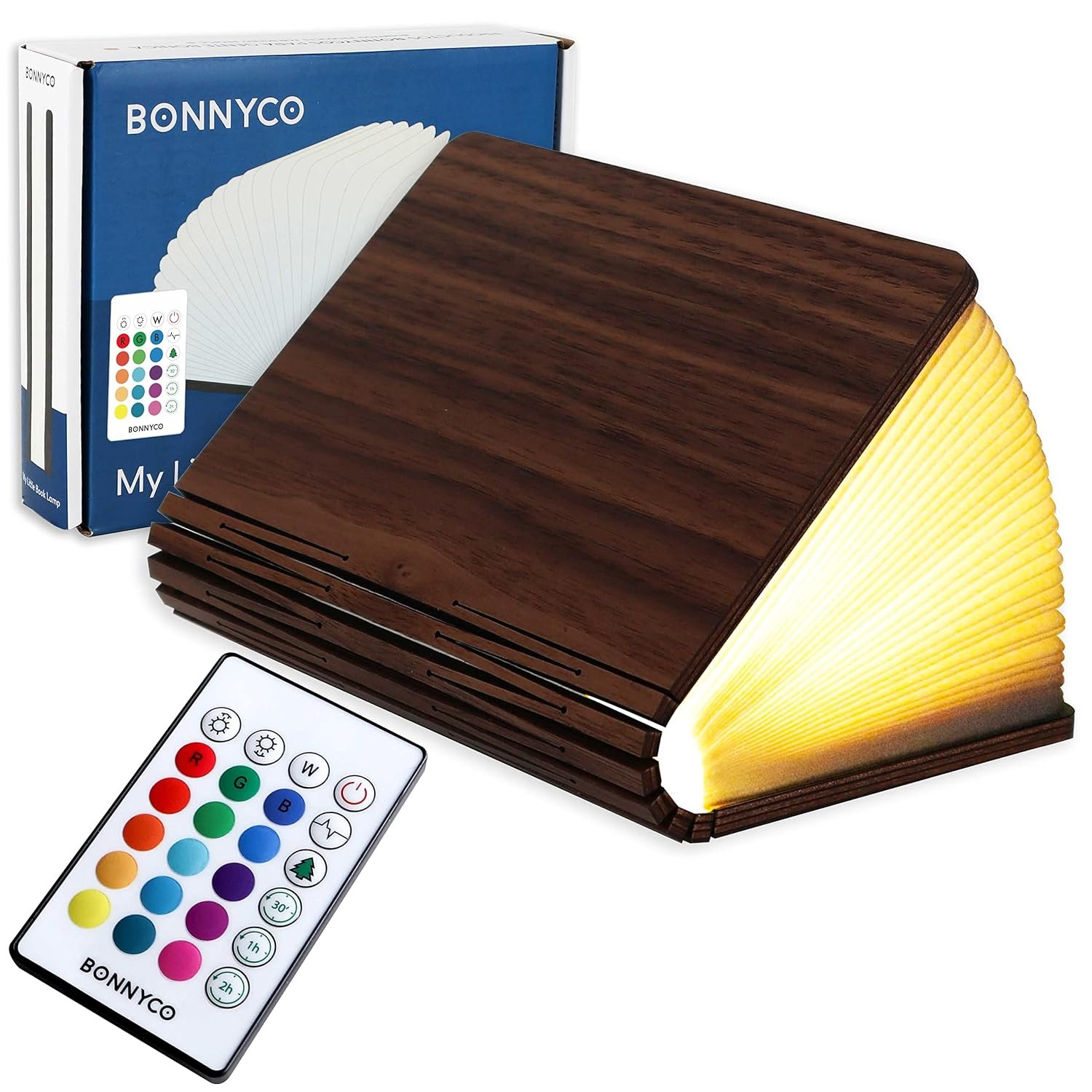 BONNYCO Led Book Light Wooden Folding Lamp with Remote Control, 16 Colours and Timer. Table Book Lamp Night Light Perfect for Home, Office, Room Decor. Christmas, Birthday Gifts for Women and Men