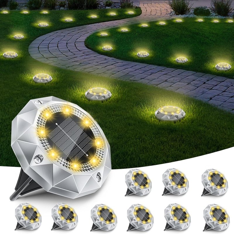 FIFlying 10 Pack Solar Lights Outdoor Garden, IP65 Waterproof Diamond LED Garden Lights - Auto On/Off Pathway Lighting for Driveway,Patio,Lawn & Landscape Decor | 8 Bright LEDs | Warm White