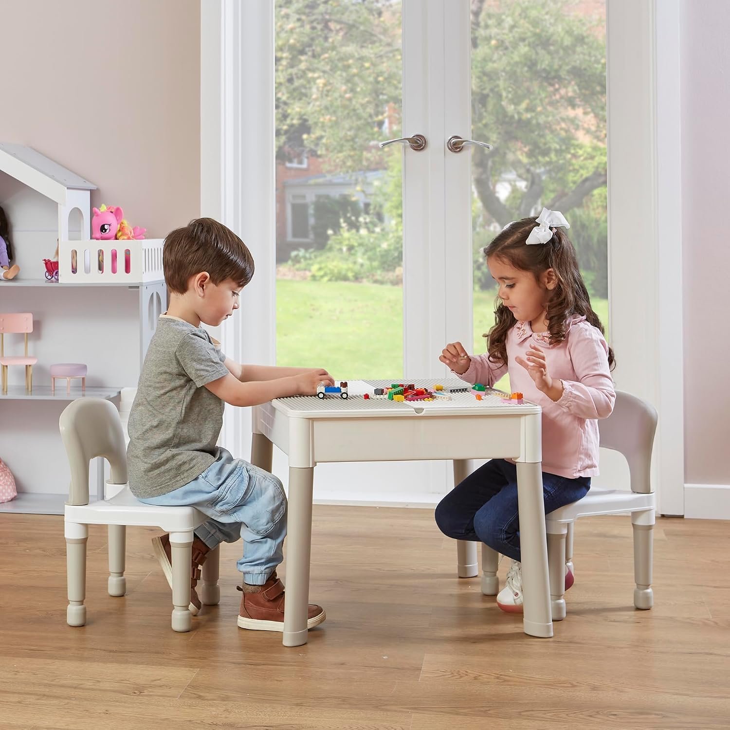 Liberty House Toys Kids 5-in-1 Activity Table and 2 Chairs, Sand, Water, Construction Play, Grey, H450 x W510 x D540mm