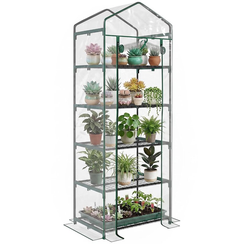 Outsunny 5 Tier Mini Greenhouse, Portable Greenhouse with Reinforced Plastic Cover, Garden Grow House with Roll Up Door and Shelves, 69 x 49 x 193cm, Green