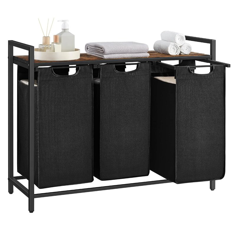 VASAGLE Laundry Basket, 3-Compartment Laundry Hamper, Pull-Out and Removable Liner Bags, Clothes Sorter, Shelf, Metal Frame, 3 x 40 L, 92.5 x 33 x 72 cm, Ink Black and Rustic Brown BLH301B01