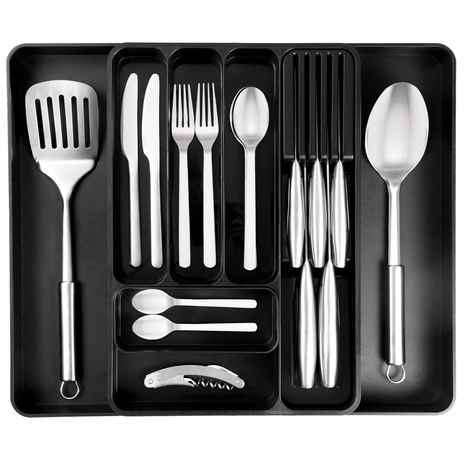 Nuovva Adjustable Utensil Tray – Expandable Drawer Divider for Knives, Forks and Spoons – Black