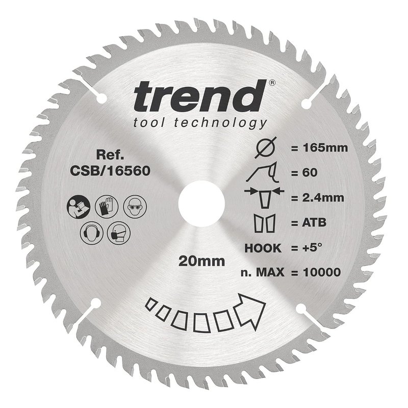 Trend Wood Circular Saw Blade, 165mm Diameter, 20mm Bore, 60 Teeth, 2.4mm Kerf, +5° Hook, TCT, Extra-Fine Finish, CSB/16560