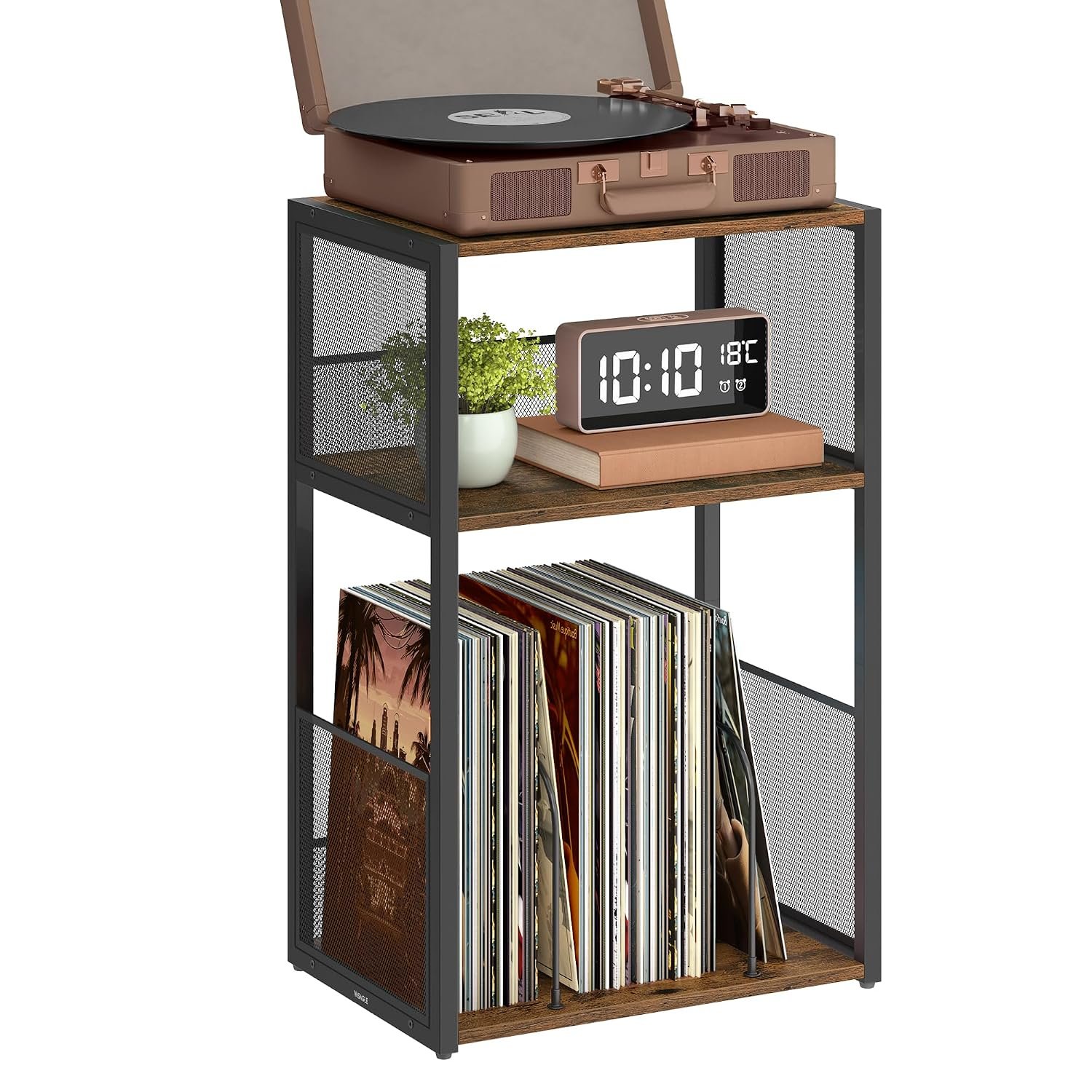 VASAGLE Record Player Stand, 3-Tier Side Table, Vinyl Record Storage up to 100 Albums, End Table for Living Room, Bedroom, Rustic Brown LET275K01
