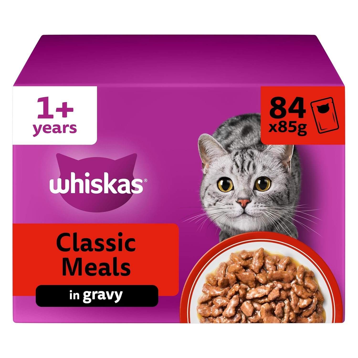 whiskas 1+ Adult Classic Selection in Gravy 84 Pouches, Adult Wet Cat Food, Megapack (84 x 85 g)