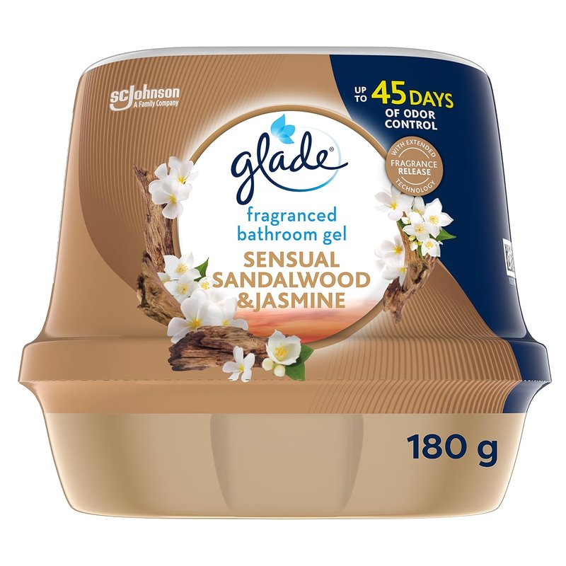 Glade Fragranced Bathroom Gel, Bathroom Air Freshener & Discreet Odour Eliminator, Sensual Sandalwood and Jasmine, 180g (Packaging may vary)