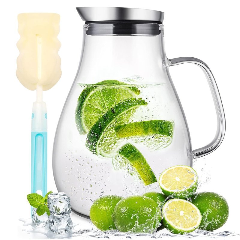 SUSTEAS 2.0 Litre Glass Jug with Lid, Water Carafe Jug for Hot/Cold Water, Iced Tea and Juice Drink, 1 Long-Handled Brush Included