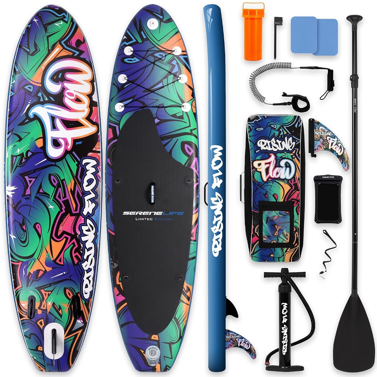 SereneLife Stand Up Paddling Board Set – SUP Board Aufblasbar mit Paddel, Pumpe, Leine, Finne, Rucksack & Mehr – SUB Paddleboard für Kinder & Erwachsene – für Wassersport in Seen, Flüsse & Meer