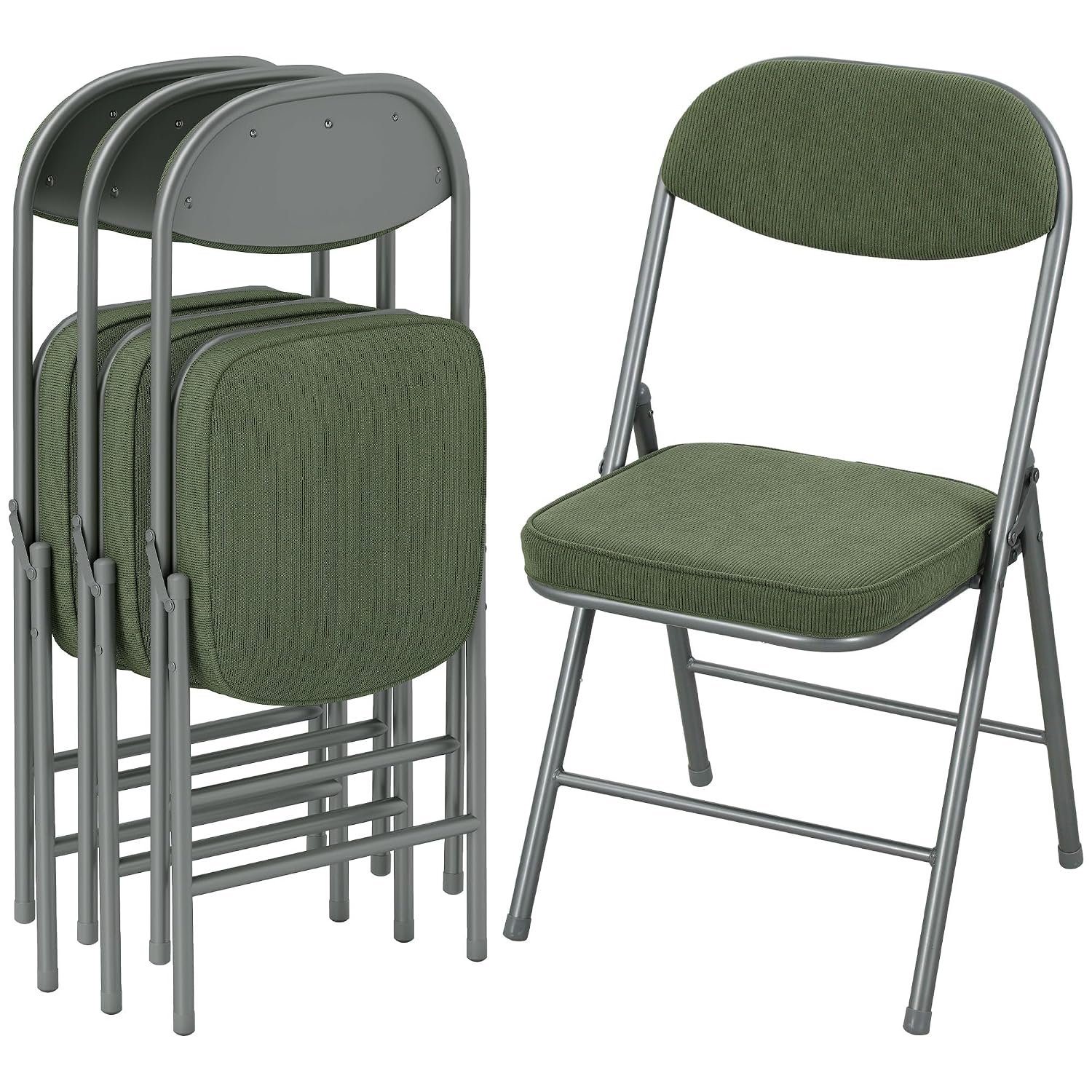 HOMCOM Fabric Padded Folding Chairs Set of 4, Foldable Chairs with Corduroy Cushioned Seat and Backrest, Heavy Duty Steel Frame, Multi-Purpose for Home, Office, Dining, Reception, Green