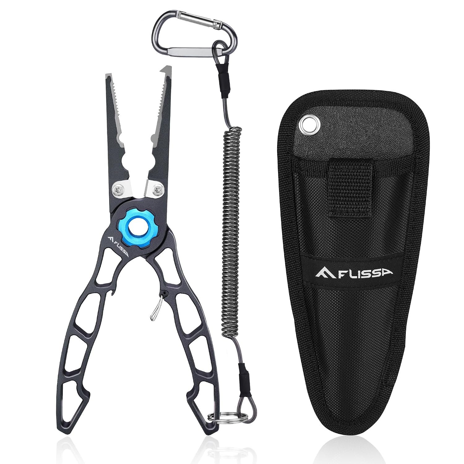 FLISSA Lightweight Fishing Pliers, Multi-Functional Fish Pliers with Safety Lock Design, Titanium Alloy Jaws, Tungsten-Steel Cutters, Lanyard & Carrying Bag, Ideal for Sea & Freshwater Fishing