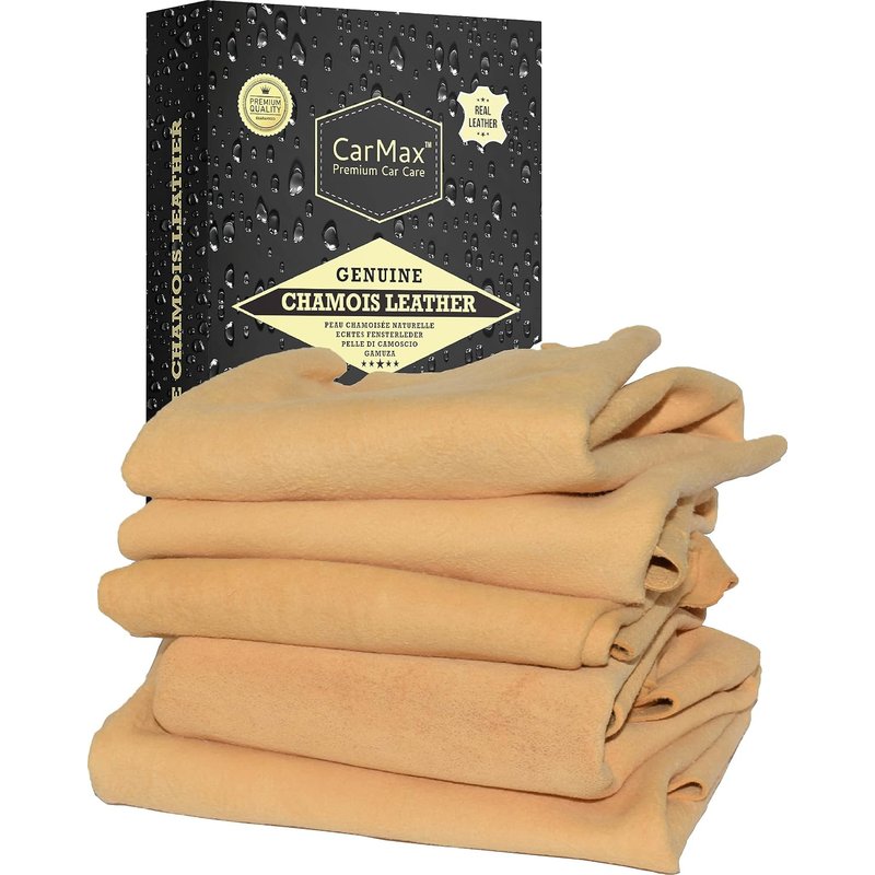 CarMax® Essentials - Premium Natural Chamois Leather - Fanatic's Five Pack - Perfect for car detailing, glass, mirrors and for windows and glass around the home