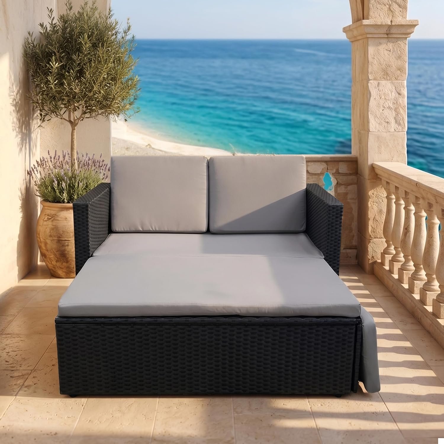 EVRE Love Bed Rattan Garden Furniture Set Patio Conservatory Outdoor Wicker Weave Lounge Sofa with Cushions (Grey)