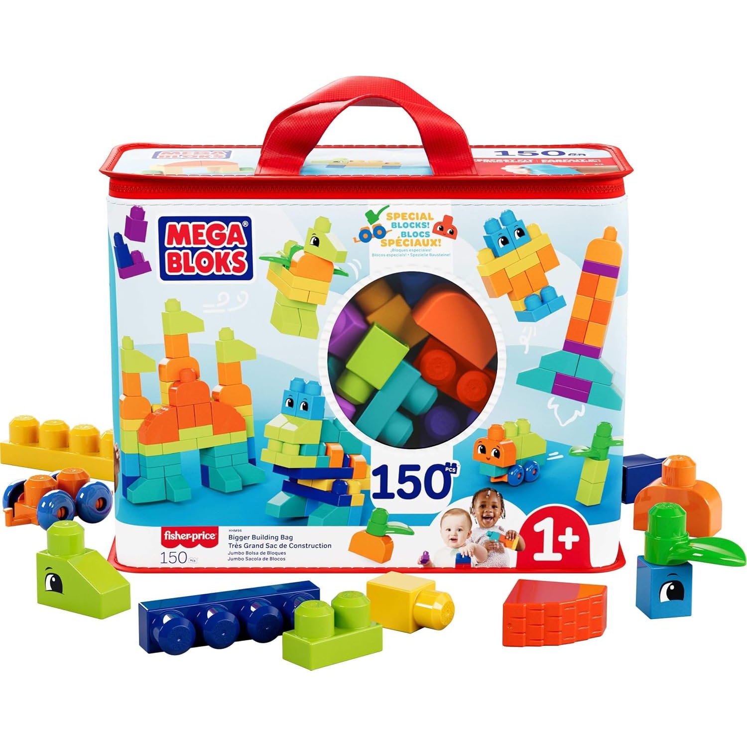 MEGA BLOKS Bigger Building Bag building set with 150 big and colorful building blocks, and 1 storage bag, toy gift set for ages 1 and up