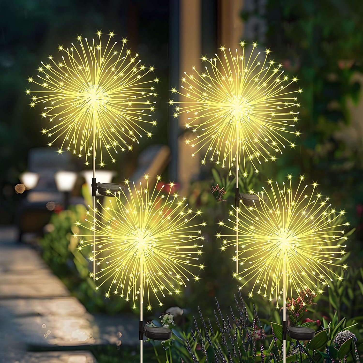 CNMTCCO 4 Pack Solar Firework Garden Lights, 120 LED Firework Lights Outdoor Garden 8 Modes Starburst Light Waterproof for Lawn Pathway Patio Yard Party Backyard Decoration (Warm White)
