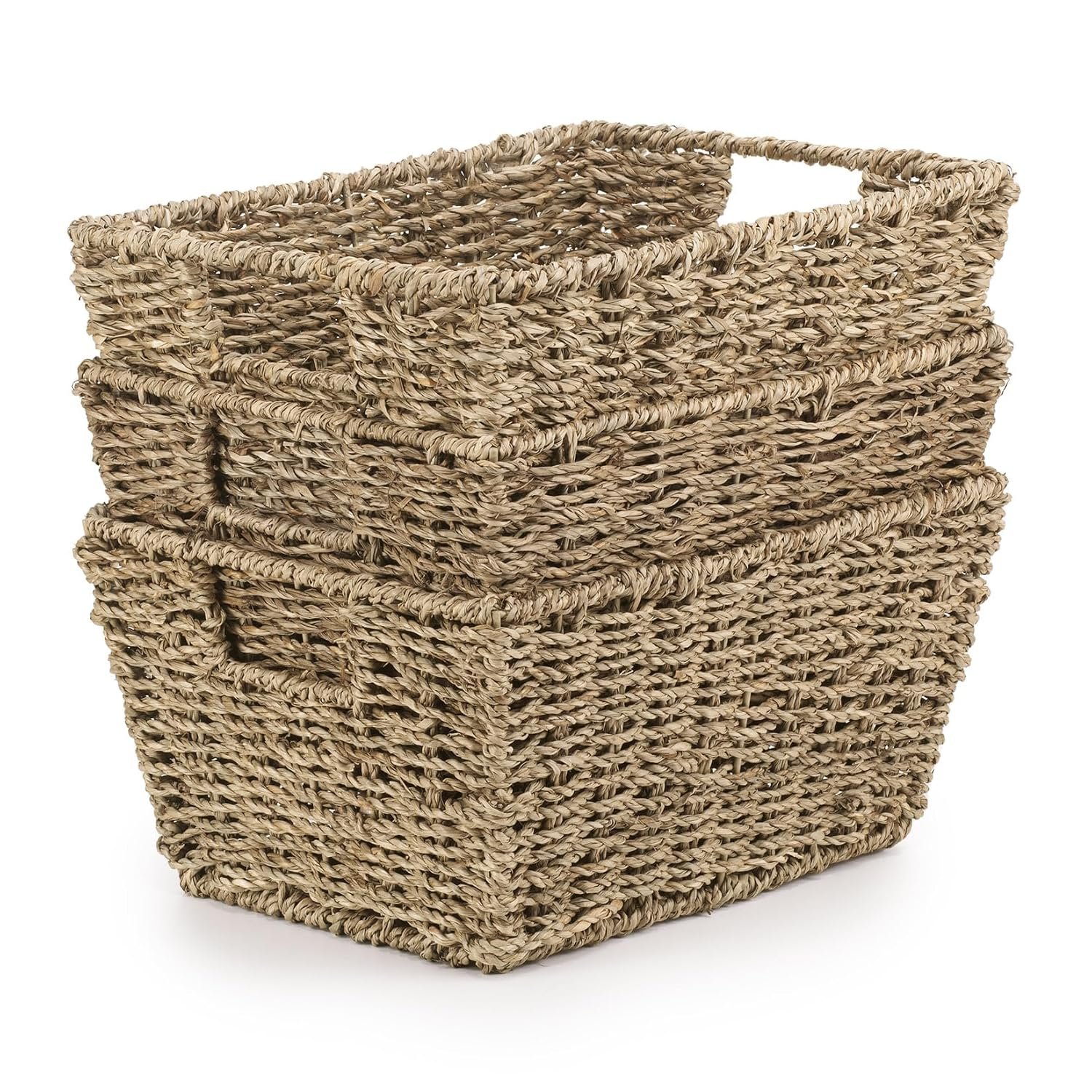 Woodluv Seagrass Woven Wicker Shelf Storage Basket Set, Display Gift Hampers, Set of 4 Handwoven Multi-Purpose Shelves Storage Baskets W/Handles for Bedroom & Home Office