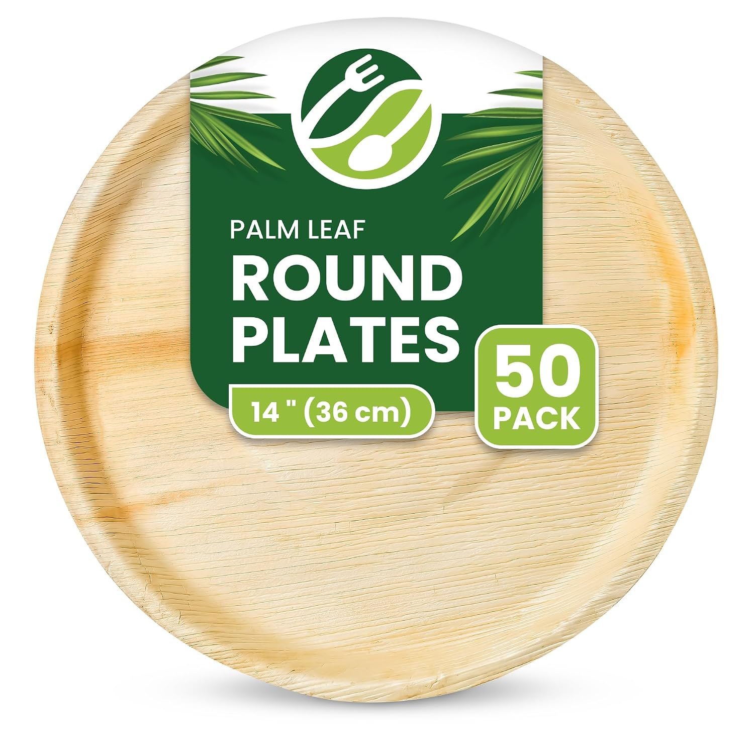 Eco Leaf Pack of 50-14" (36cm) X-Large Disposable Palm Leaf Plates - Eco-Friendly, Compostable & Biodegradable Plates for Pizza, Charcuterie & Events - Strong, Microwave & Oven Safe