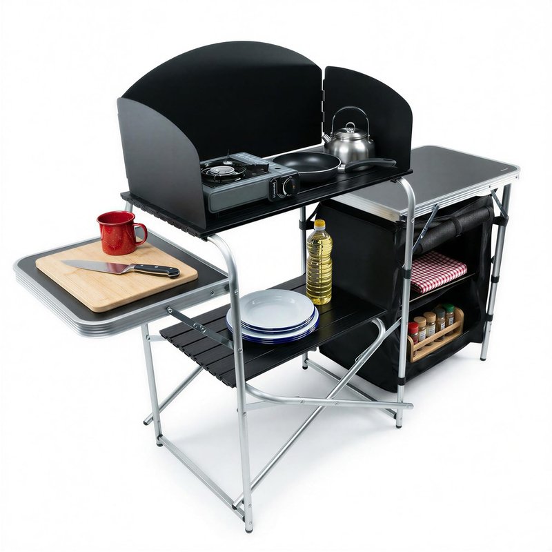 MoverX Portable Fold-Up Camping Kitchen with Windscreen, Pop Up Folding Camping Unit, Cabinet Outdoor 5 Shelf Aluminum Frame Portable for Garden Party Picnic, Supports 30kg