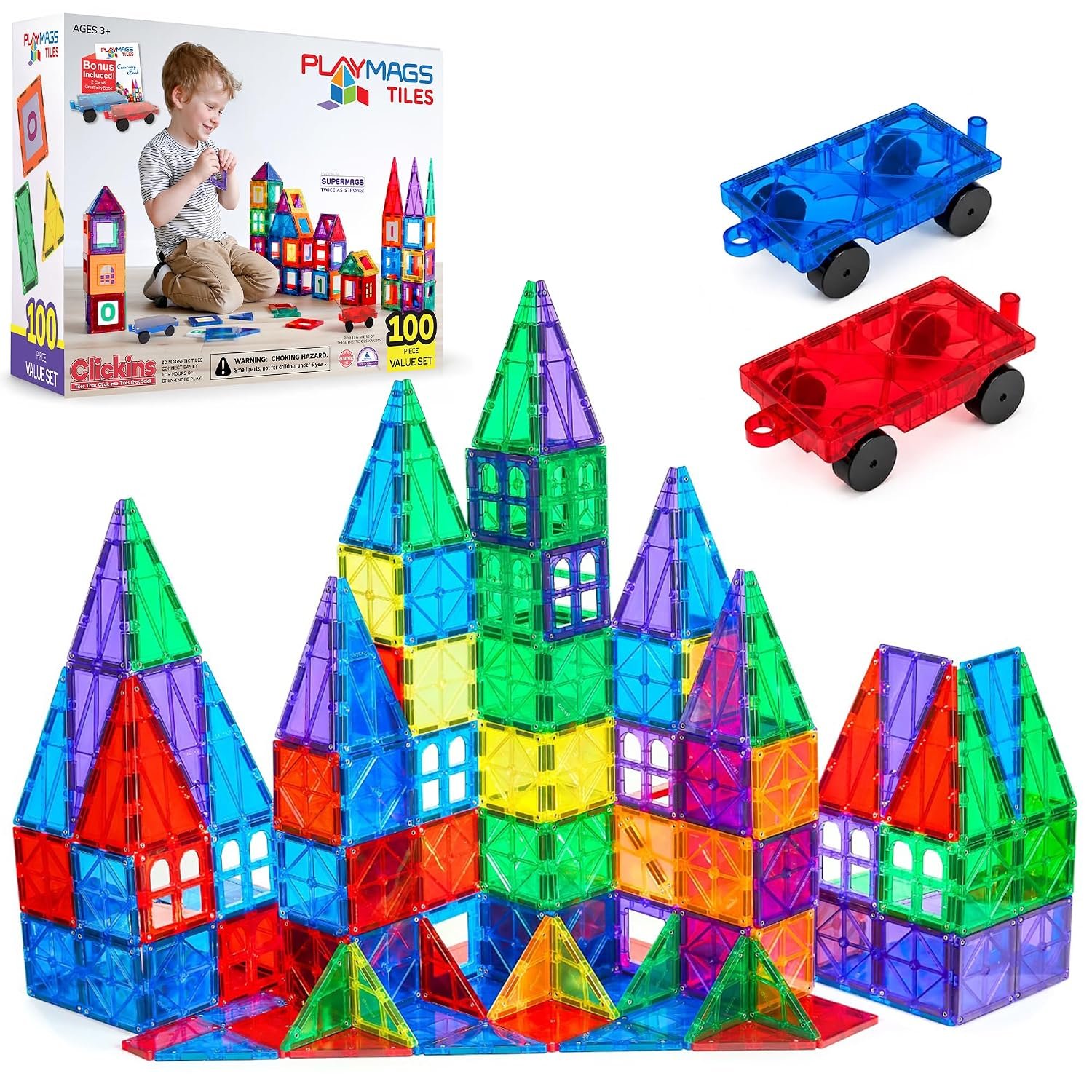 Playmags 100 3D Magnetic Blocks Set - Learn Shapes, Colors, & Alphabets - STEM Stronger Magnets Toys - Magnetic Building Blocks & Tiles For Kids & Idea Book