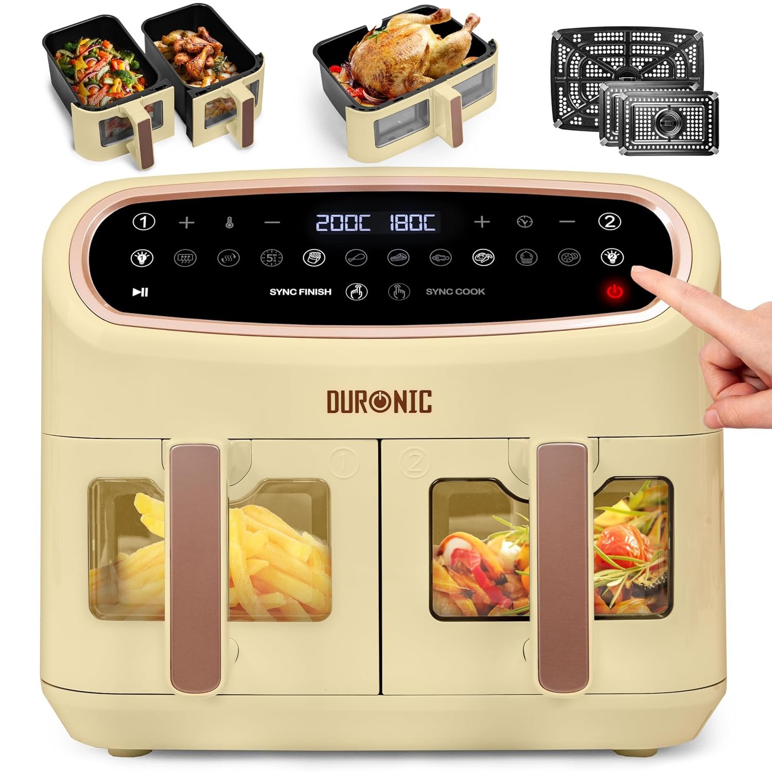 Duronic AF34 SG XXL Triple Drawer Air Fryer, 10L Digital Family Size Air Fryers 10in1 Dual Zone Extra Large Oil Free Cooker for Family Cooking with Dishwasher Safe Non-Stick Baskets Sandstone & Gold