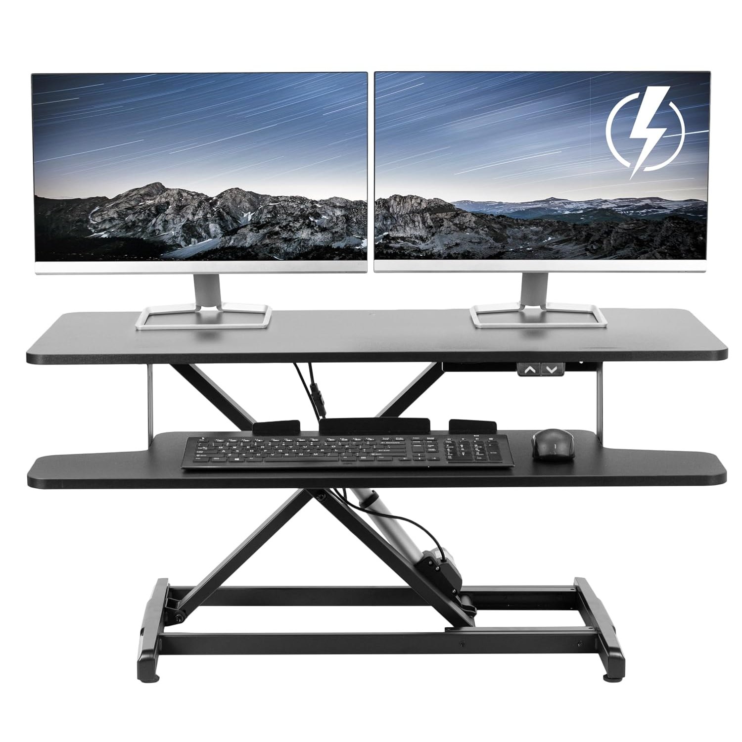 VIVO 91cm Electric Motor Desk Converter, Height Adjustable Riser, Sit to Stand Dual Monitor and Laptop Workstation with Wide Keyboard Tray, Black, DESK-VE36B