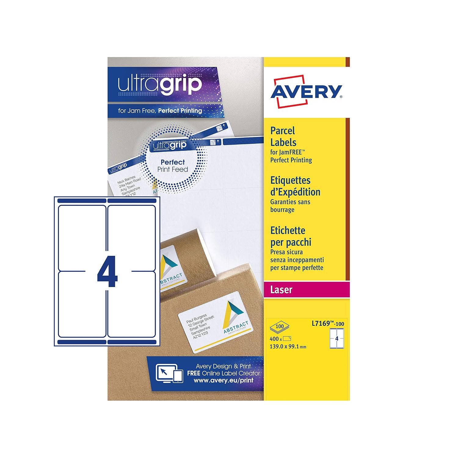 Avery JamFREE, Printable, Parcel Labels, Customisable, 139 x 99.1 mm, White, 4 per Sheet, 400 Blank Labels per Pack (L7169-100)