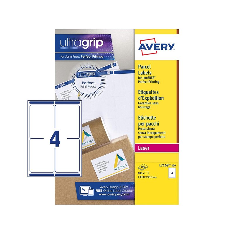 Avery JamFREE, Printable, Parcel Labels, Customisable, 139 x 99.1 mm, White, 4 per Sheet, 400 Blank Labels per Pack (L7169-100)